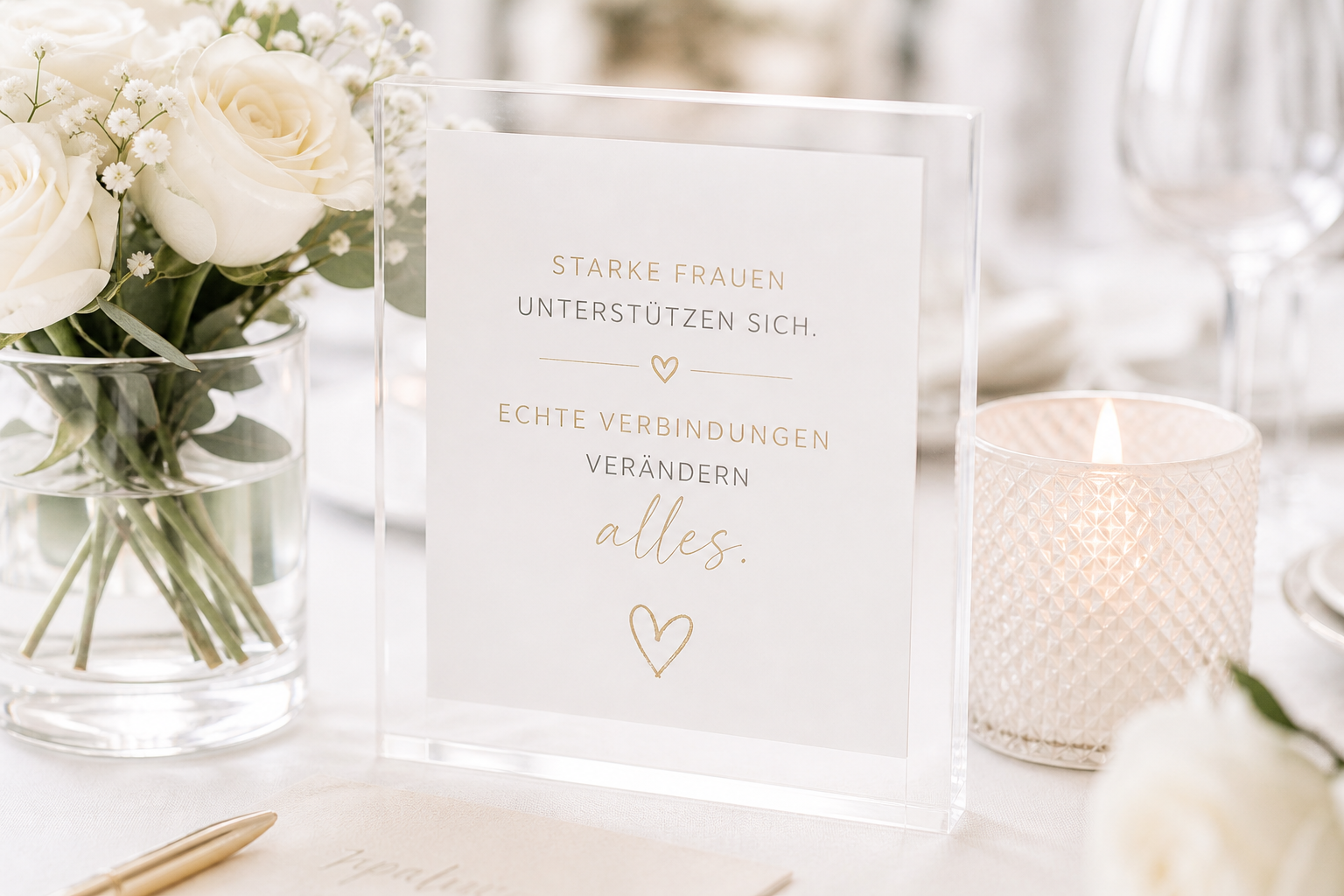 Tischdekoration mit Zitat 'Starke Frauen unterstützen sich' auf der Ladies Business Lounge